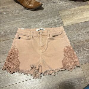 KanCan High Waist Tan Lace Trim Shorts